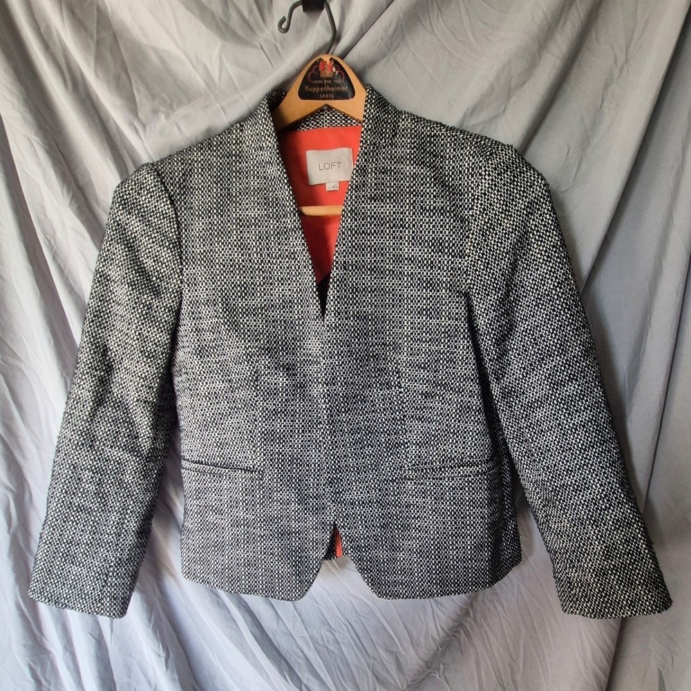 Ann Taylor Loft Womens Black White Tweed Collarless Blazer Jacket Size 4